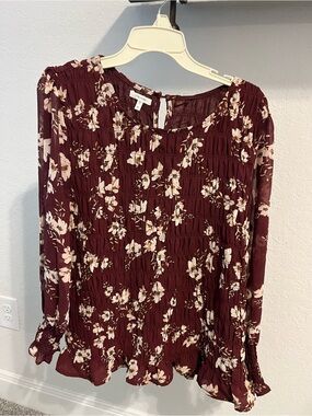 Maurices Burgundy Floral Shirred Peplum Blouse